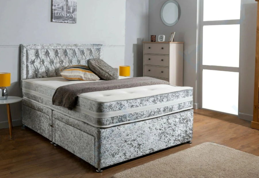 Crushed velvet divan bed with mattress store and headboard